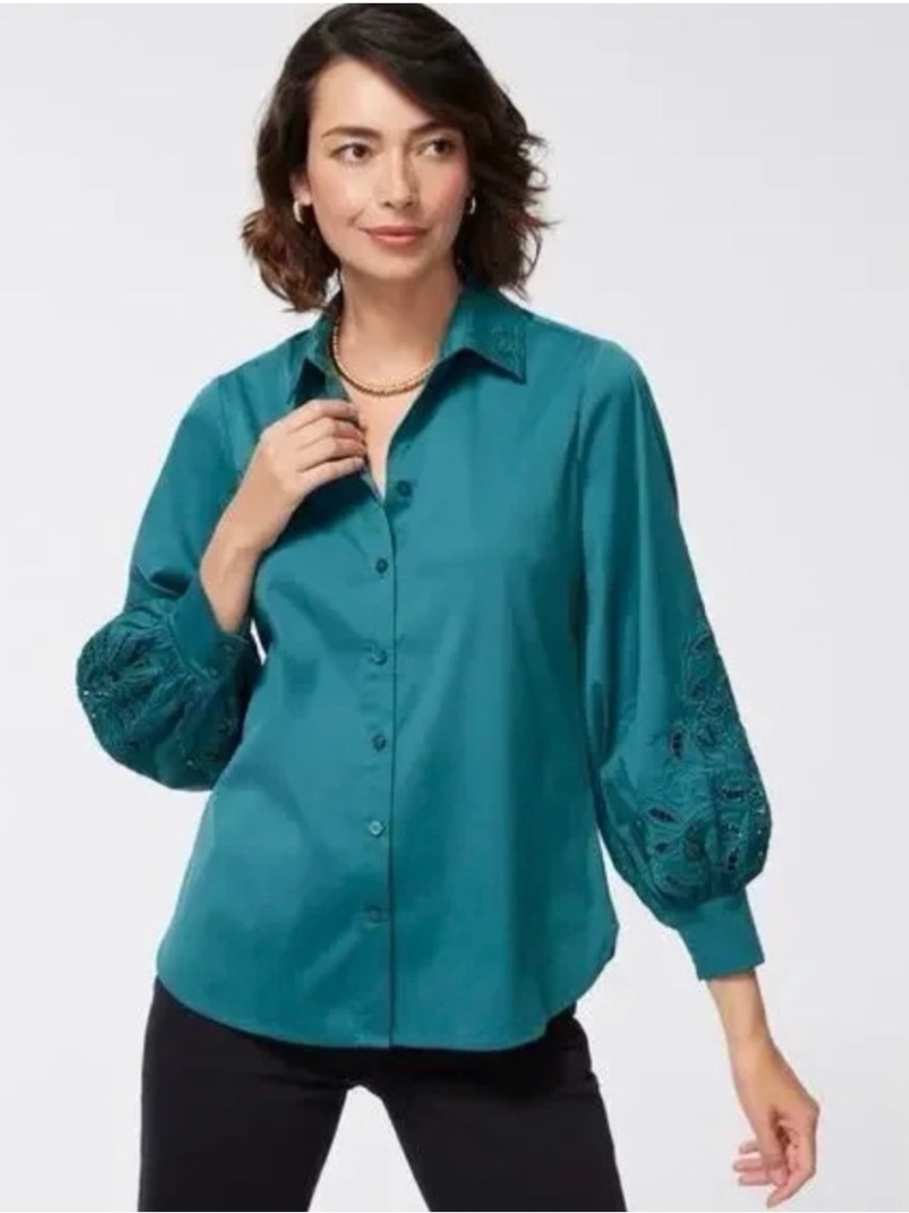 CHICO’S POPLIN EYELET CUT-OUT BALLOON SLEEVE BLOUSE size 1